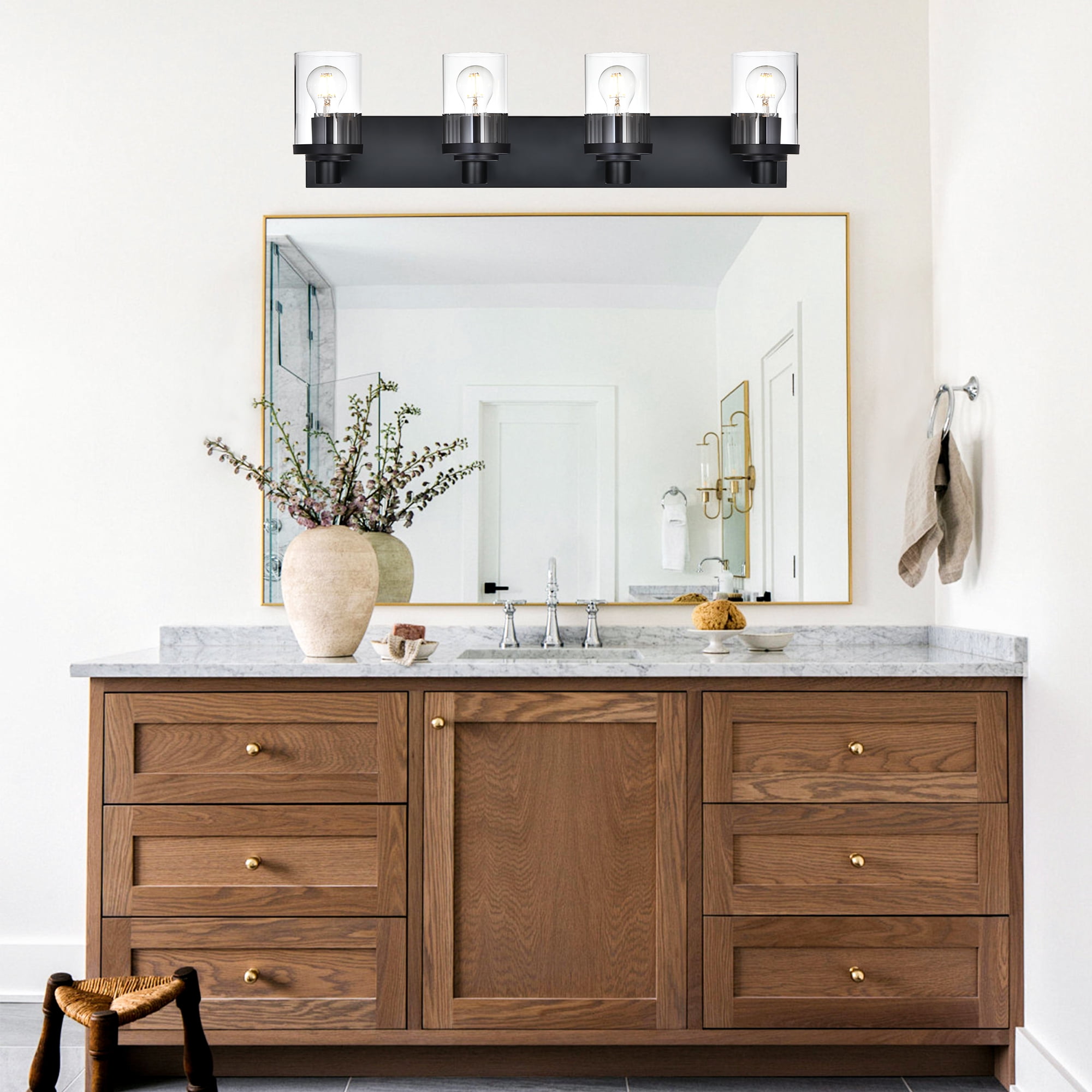 Melucee Bathroom Vanity Light Fixture Over Mirror, Metal Black Bathroom Lights Over Mirror 4-Lights, Modern Wall Mount Lighting with Clear Glass Shade Vanity Lights for Hallway Living Room Cabinet