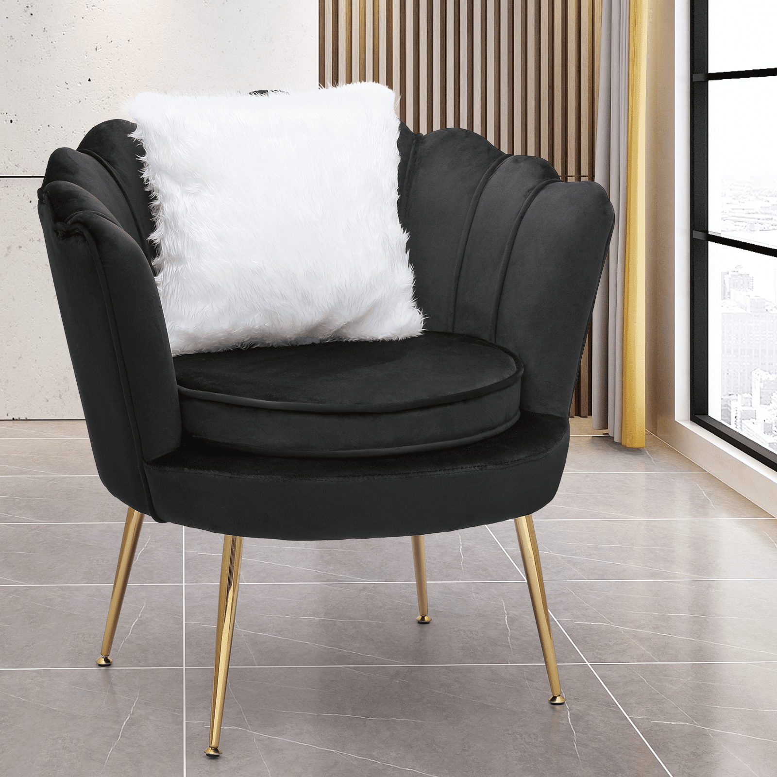 ANBAZAR Black Accent Velvet Sofa Chair/Open Back Chair Removable Tufted Cushion Armchair with Pillow Gold Stainless Steel Base