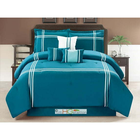 7-Pc Striped Bordered Patchwork Window Comforter Set Teal Blue White Turquiose King