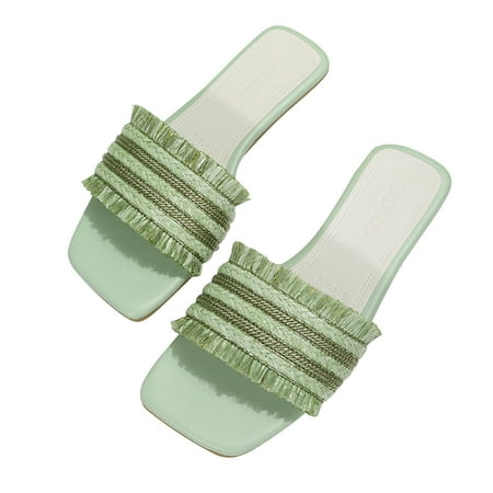 

Women s Slip on Sandals Slide Casual Sandal Flat Open Toe Slides Womens Summer Fashion Tassels Weave Slippers Square Head Flat Casual Slippers Green 7.5
