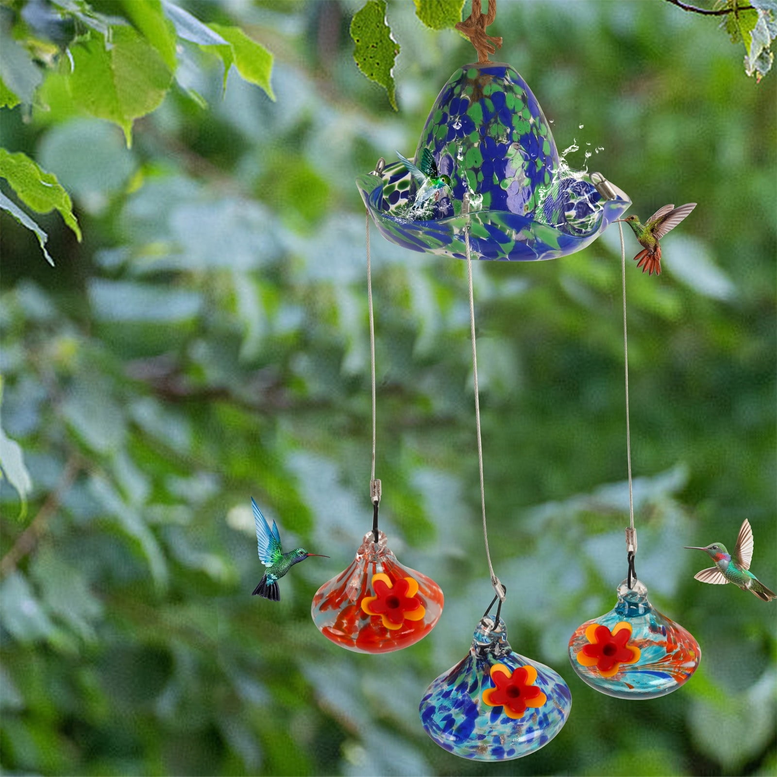 sruoe Hummingbird Feeder, Hanging Hummingbird Feeder Outdoor, Small Hummingbird Feeders, Ant Moat Perch Decor Bird Feeders for Garden Patio Window Backyard, Glass