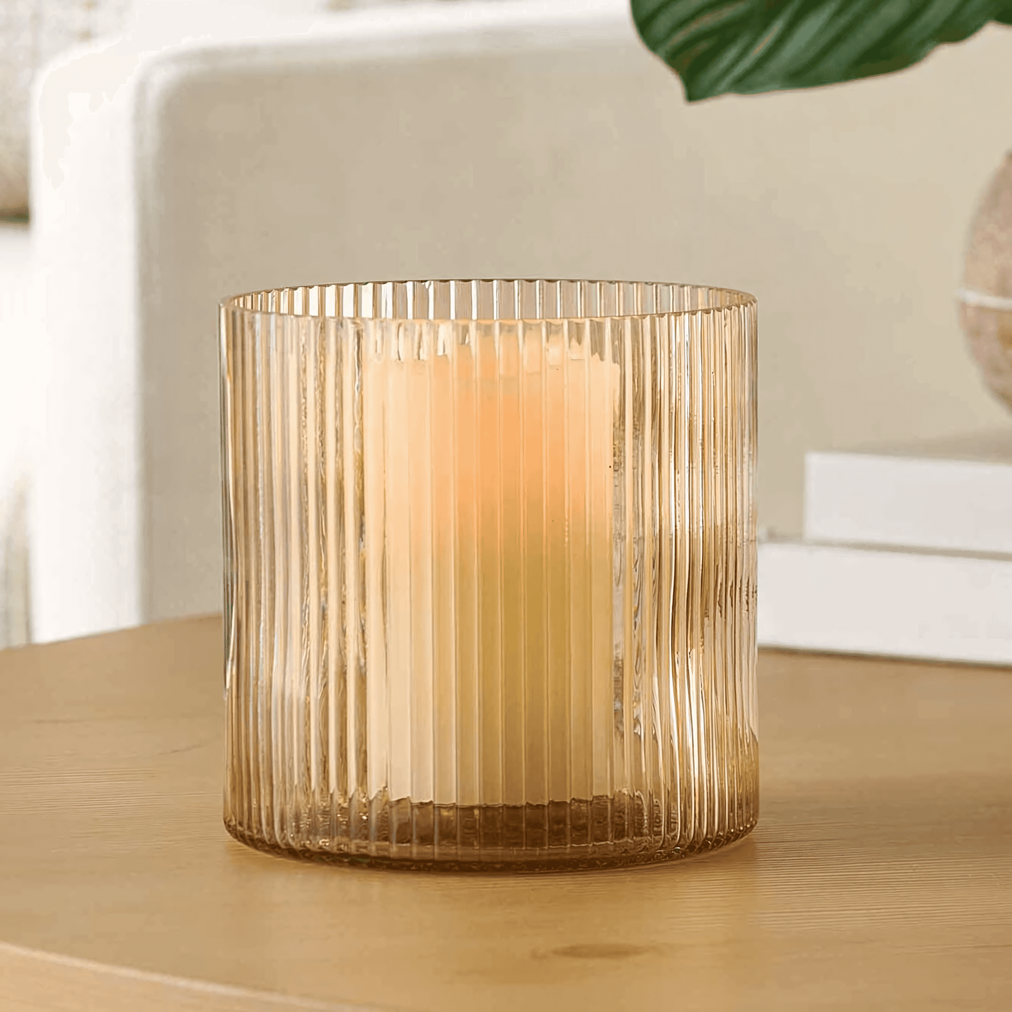 Better Homes & Gardens Amber Glass Ribbed Hurricane Candleholder, 5", Medium