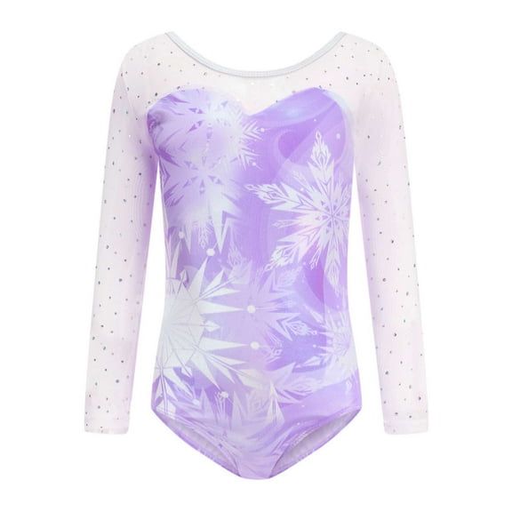 Gymnastic Leotards for Girl, Long Sleeved Gymnastics Suit, BodySuit Collant Snowflake Pattern Sequins Gymnastics Collant Purple For Ages 9-10