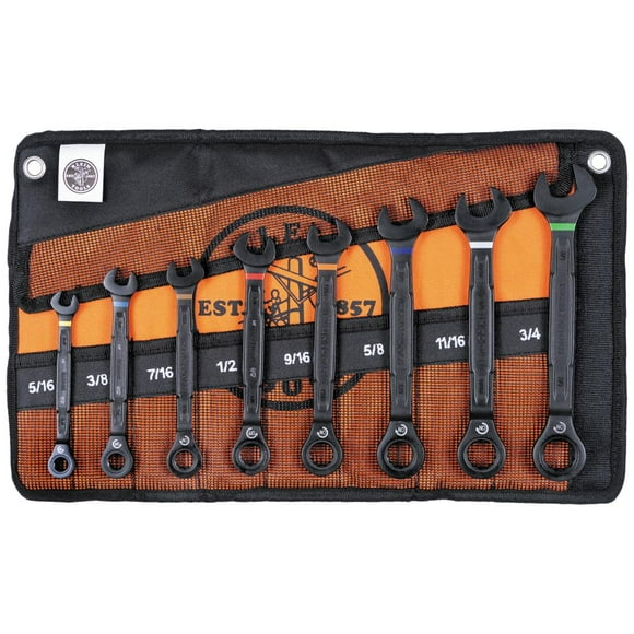 Klein Tools 69408G Ratcheting Combination Wrench Set, SAE, 5/16 to 3/4 Inch, 90-Tooth Steel Alloy with Foam Pouch, 8-Piece