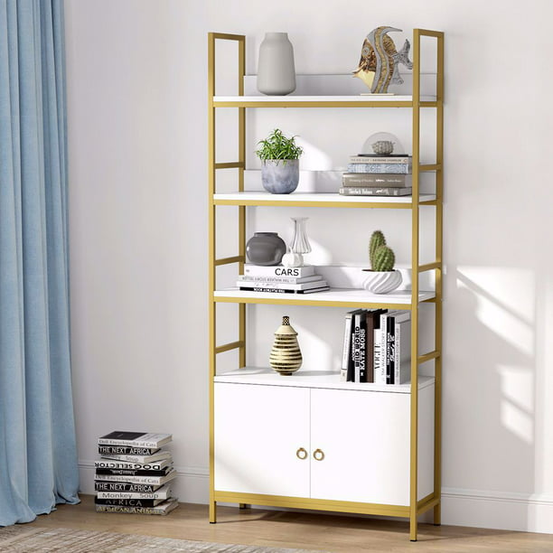 Tribesigns Gold Bookcase With Doors 4, White Storage Bookcase