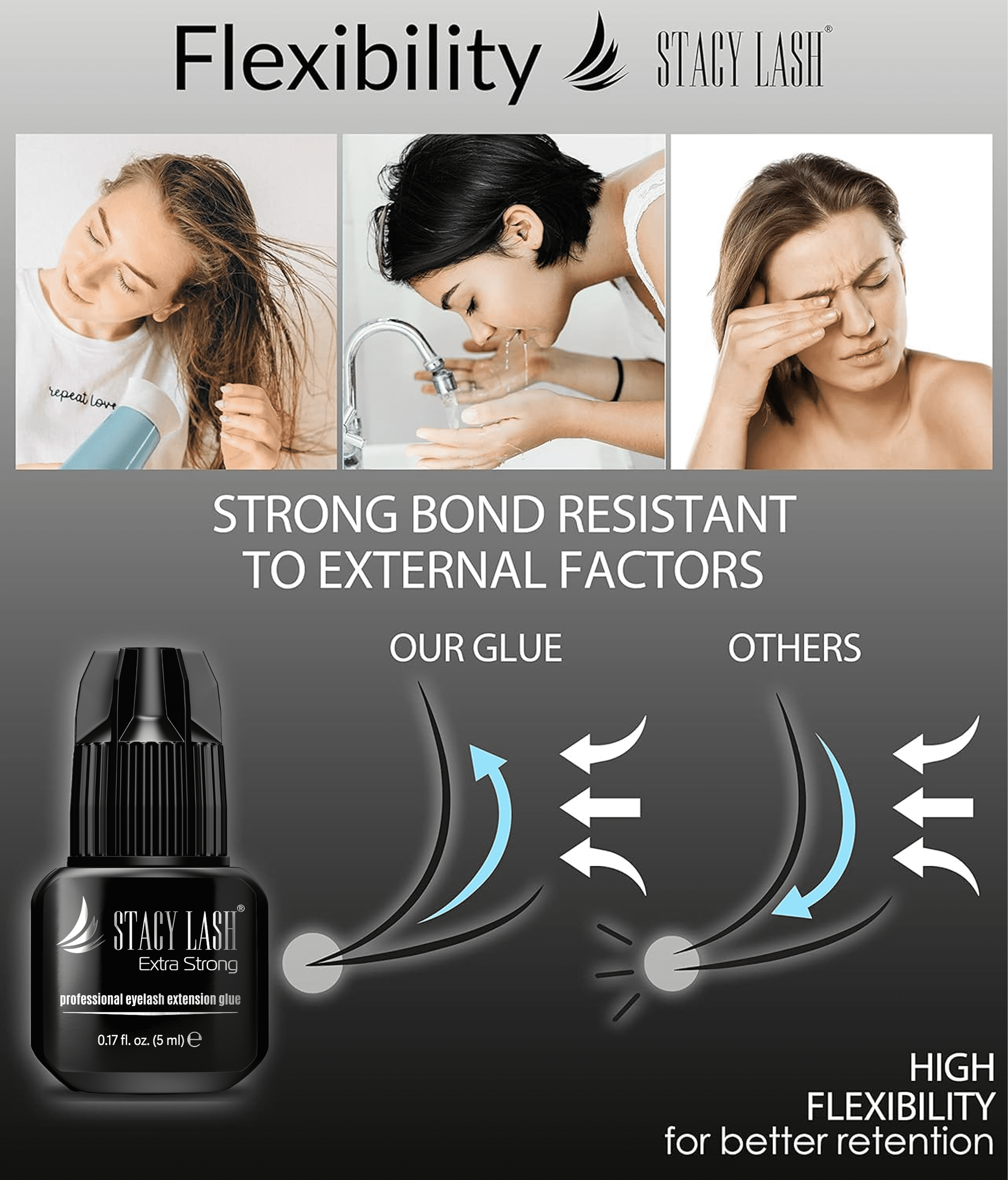 Stacy Lash Extra Strong Adhesive (0.17 fl.oz / 5 ml) / Black Cyanoacrylate Eyelash Extension Glue / Strong and Fast Drying Formula / Professional Use Only