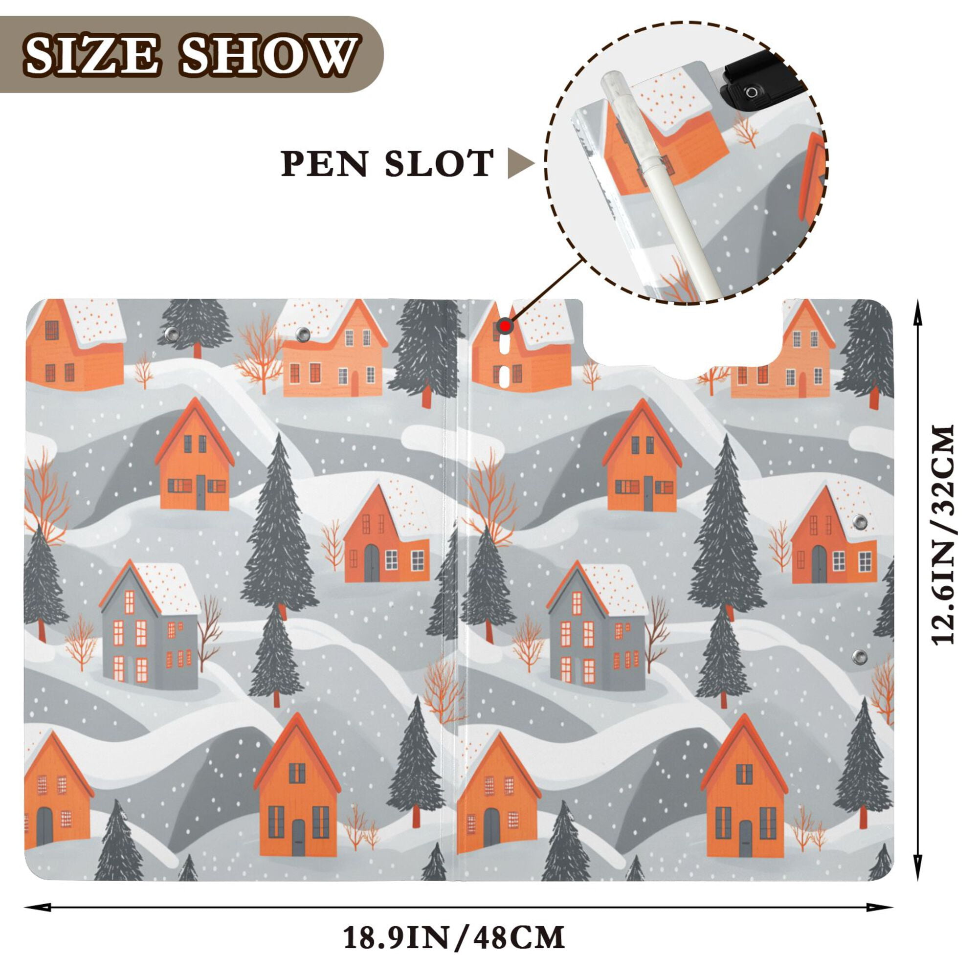 FORMRS A4 Clipboard Folder with Pen Holder Horizontal Foldable School Office Binder, Gray Snow Houses