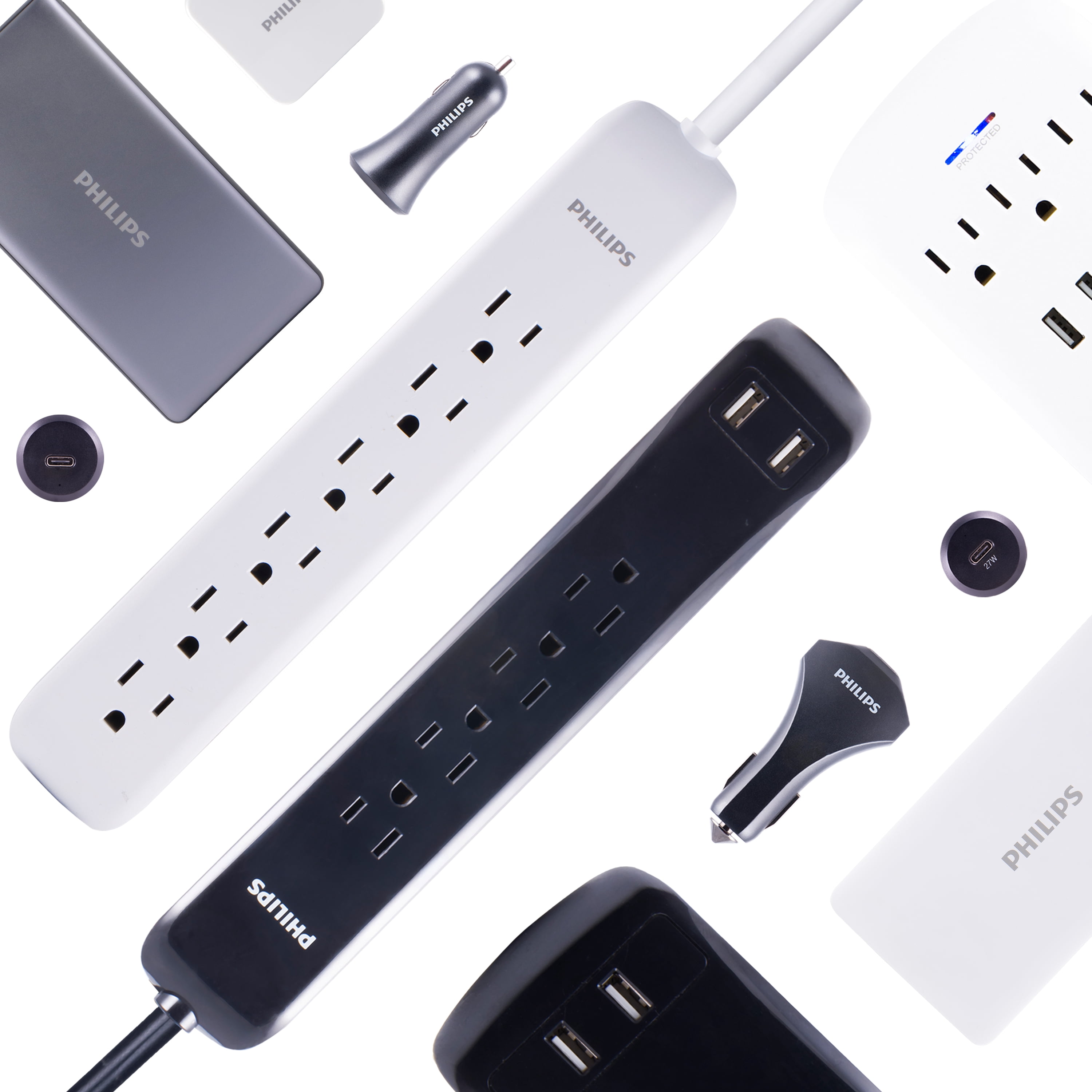 Philips Elite 7-Outlet Surge Protector with USB, 2 Ports, 2.4A, 1440J, 4ft Cord, Black