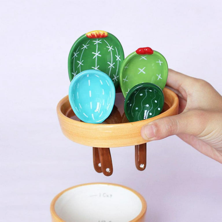 Cactus Measuring Spoons Set in Pot Cute Ceramic Kitchen Measuring Cups and  Spoon