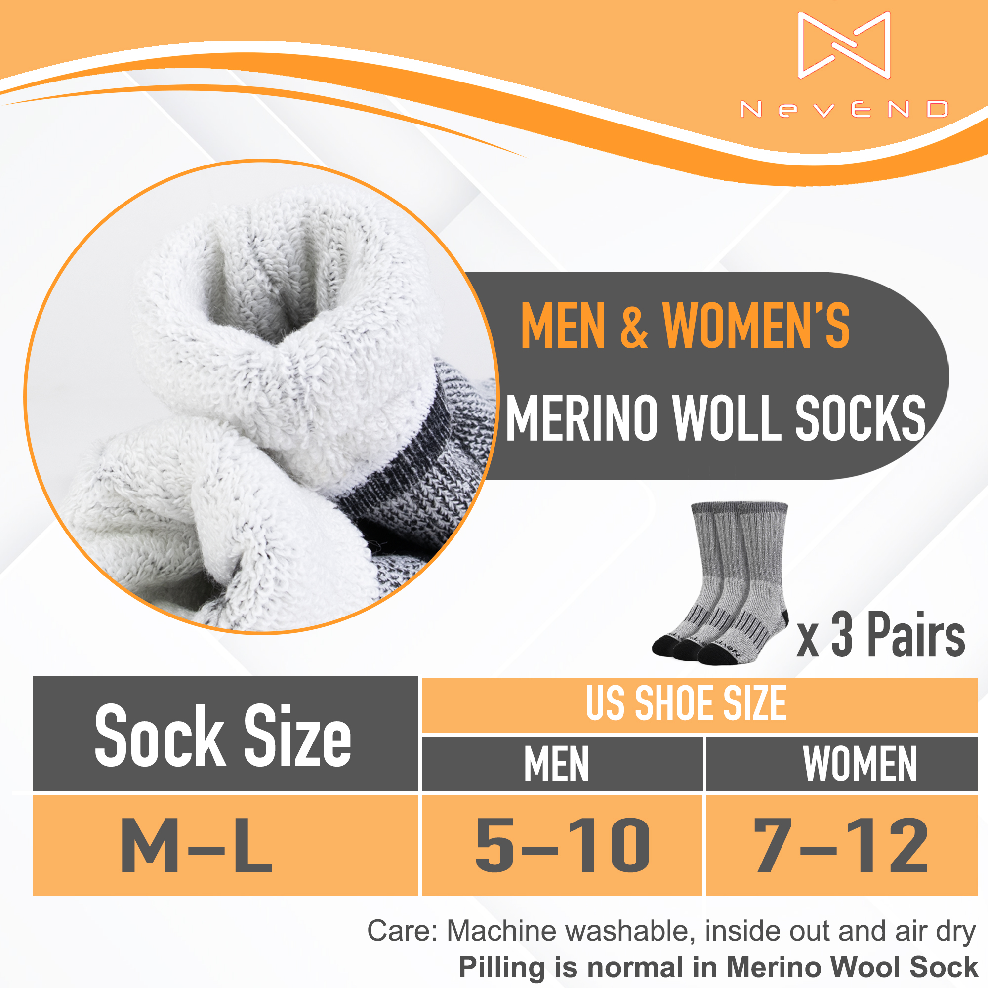 NevEND Men's Merino Wool Thermal Crew Socks, 3-Pair photo 4