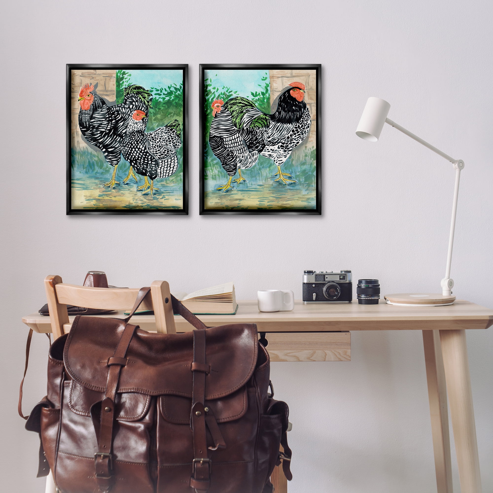 Stupell Industries Rooster and Hen Foraging Animals Painting Black Floater Framed Canvas Art Print Wall Art, 17 x 21, Set of 2