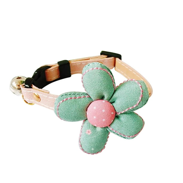 Collar ajustable de poliéster para mascotas, con hebilla decorativa de flores grandes, con cascabel creativo y sencillo para gatos, gatitos y perros (azul y verde, talla M)
