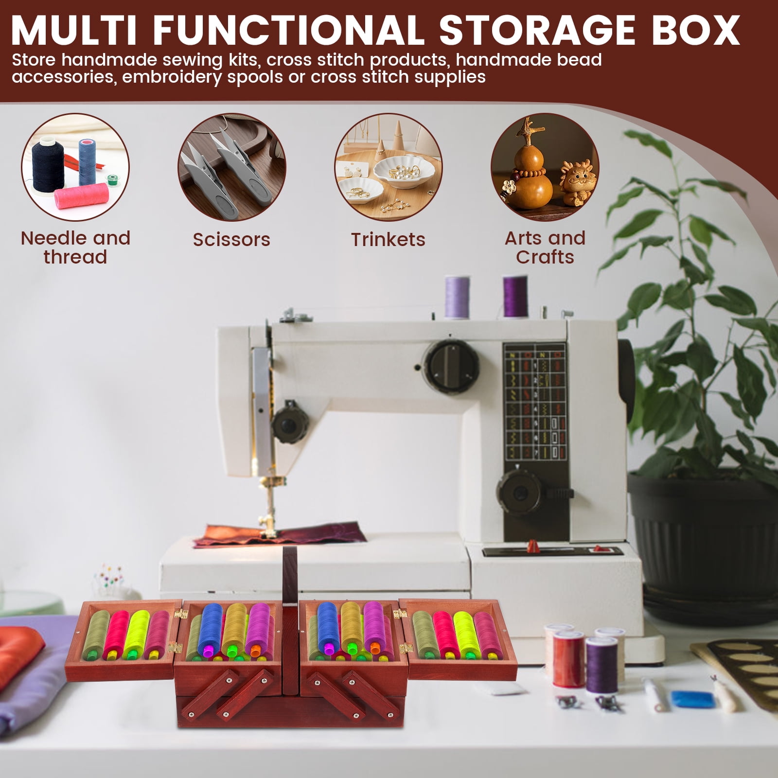 Threns Wood Sewing Basket with Handle Expandable Sewing Box Without Contents Multifunctional Craft Box for Home Travel and Emergency