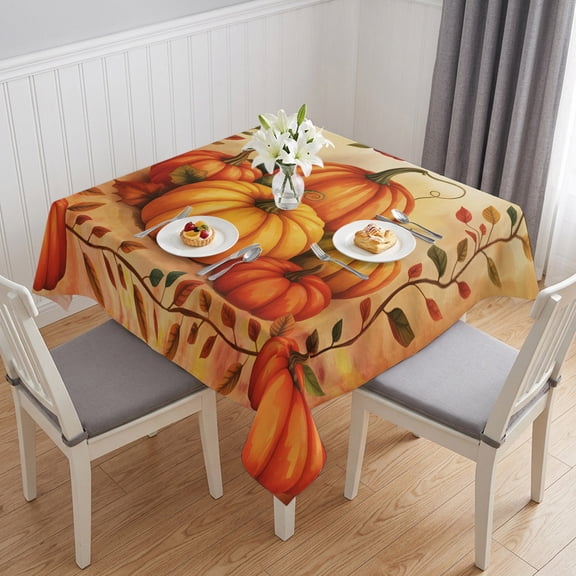Burnt Orange Pumpkins Fall Table Cloth Waterproof Tablecloths, Thanksgiving Botanical Pastoral Tablecloth Dining Table Cover for Kitchen Party Tabletop Outdoor, Square Tablecloth 60x60 Inch