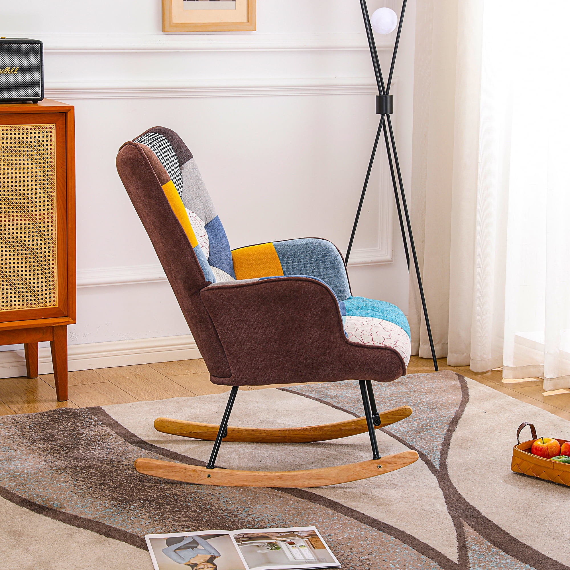Rocking Chair, Tufted Upholstered Rocking Chair for Nursery, Comfy Wingback Glider Rocker with Safe Solid Wood Base for Living Room Bedroom Balcony