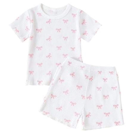 Huowey Girls Summer Shirt Outfits Ribbed Breathable Round Neck Short Sleeved Cute Bows Ruffles Trim Top With Elastic Waist Shorts Comfortable Fashionable Cozy Dailywear Purple 3-4 Years