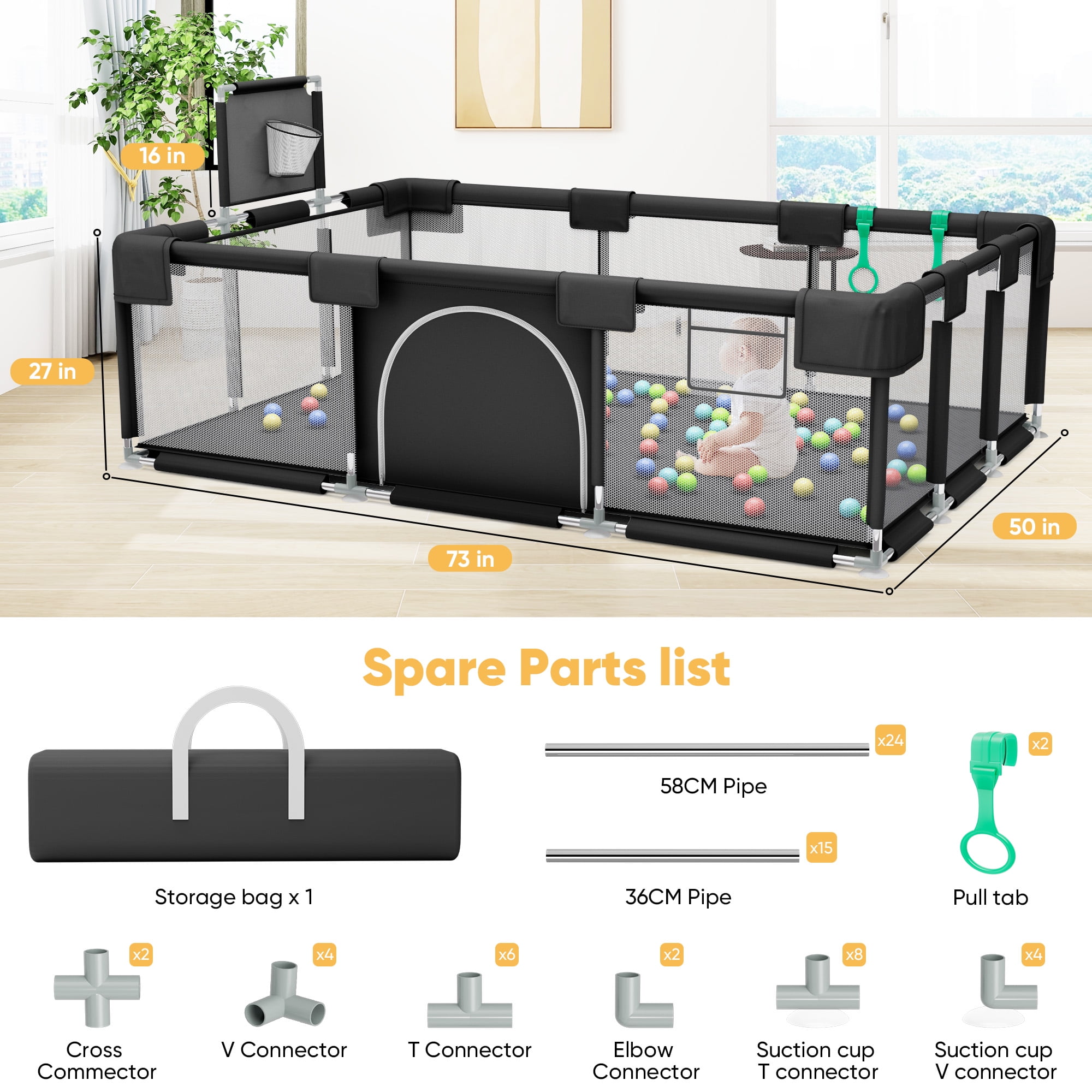 babyeap Baby Playpen,73 Inch Extra Large Baby Playard,Playpen for Babies and Toddlers With Basketball Hoop,Children Kids Play Fence for Indoors Outdoors,Black