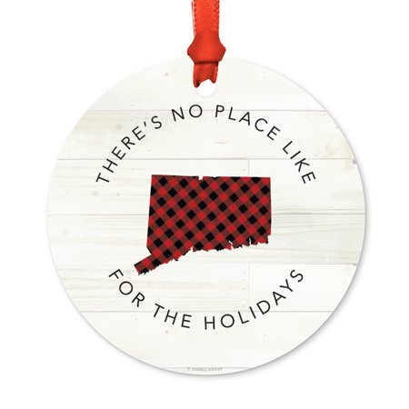 Rustic Plaid Christmas Decor US State Round Metal Christmas Ornament, Red Plaid on Light Rustic Wood, Connecticut, Includes Ribbon and Gift Bag ()