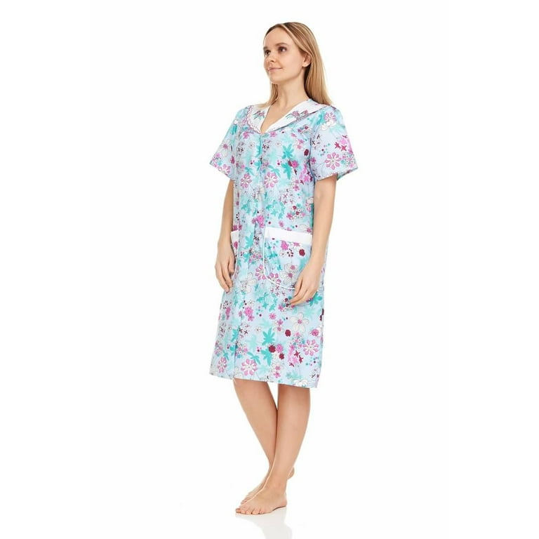 Dream8teen Women s Snaps Front Closure House Dress Short Sleeve Woven Housecoat Duster Lounger Robe 2013 Blue Floral Medium Walmart