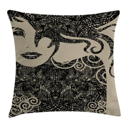 Modern Decor Throw Pillow Cushion Cover, Woman with Cool Posing Wavy Sexy Hot Hair and Vamp Makeup Image Print, Decorative Square Accent Pillow Case, 18 X 18 Inches, Tan and Dark Taupe, by