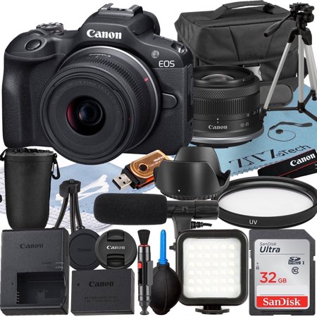 Canon EOS R100 Mirrorless Camera with RF-S 18-45mm Lens + SanDisk 32GB Memory Card + Case + LED Flash + ZeeTech Accessory Bundle