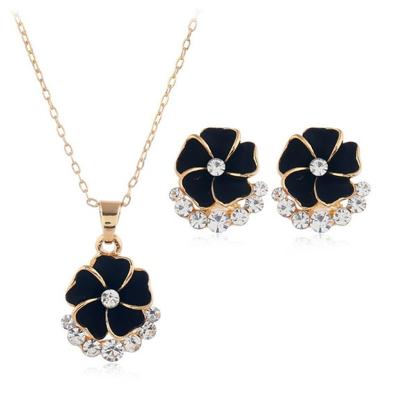 Gold Plated Black Flower Rhinestone Necklace Earrings Jewelry Set for Women