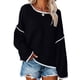 thumbnail image 1 of Suéter de punto con cuello redondo para mujer, manga larga, suelto, con hombros caídos, tops con borde blanco para otoño invierno negro M, 1 of 5