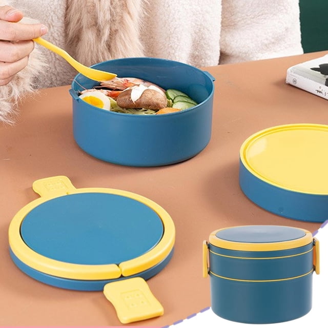 Kadlawus Double-Layer Round Lunch Box for Study, Portable Plastic Food Container, Microwave-Safe Storage Box for Office, Study, Picnic