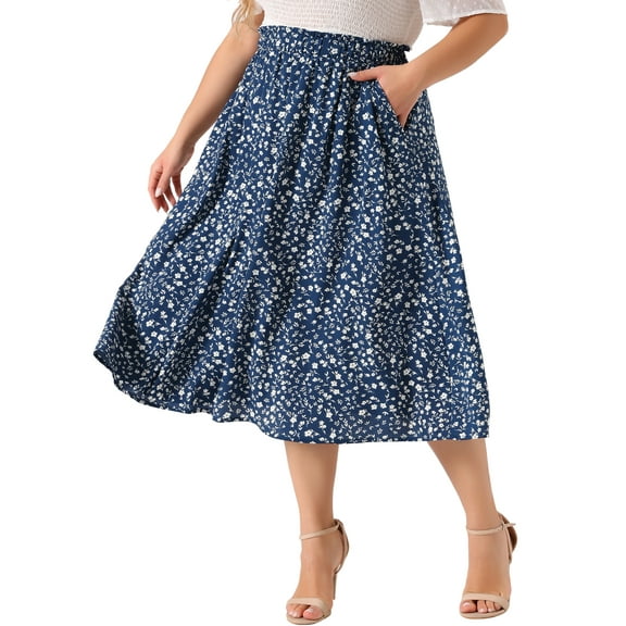 DARING DIVA Women's Plus Pleated High Waist Midi Casual Floral Skirt 1X Navy Blue