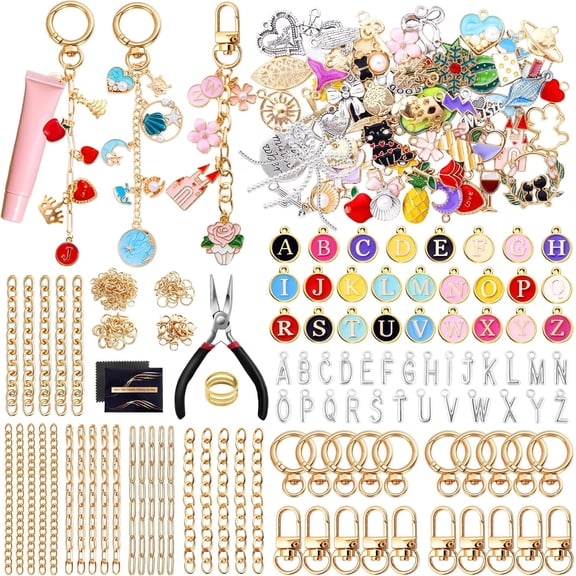 325Pcs Charms Lip Gloss Keychain Making Kit, Including 20 Keychain Clips 25 Extender Chain 118 Charms Jewelry Plier, Bag Charm Kit, Keychains Making Supplies for Jewelry Making,Christmas Gifts