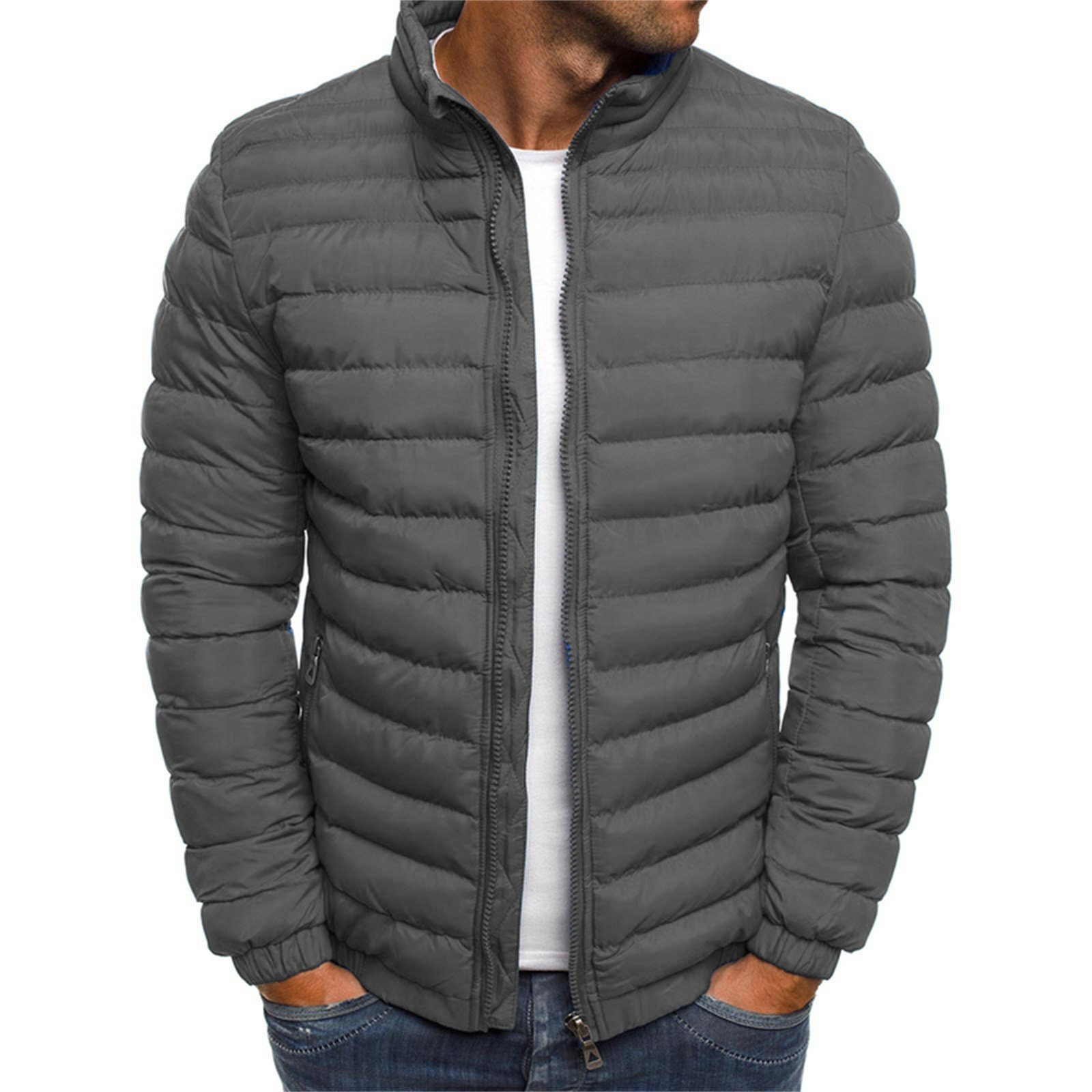 TIHLMK Men's Down Jackets & Coats Deals Clearance Men's Solid Color Jacket Cotton Padded Jacket Fashion Cotton Padded Jacket Men's Warm Cotton Padded Jacket Gray - image 2 of 3