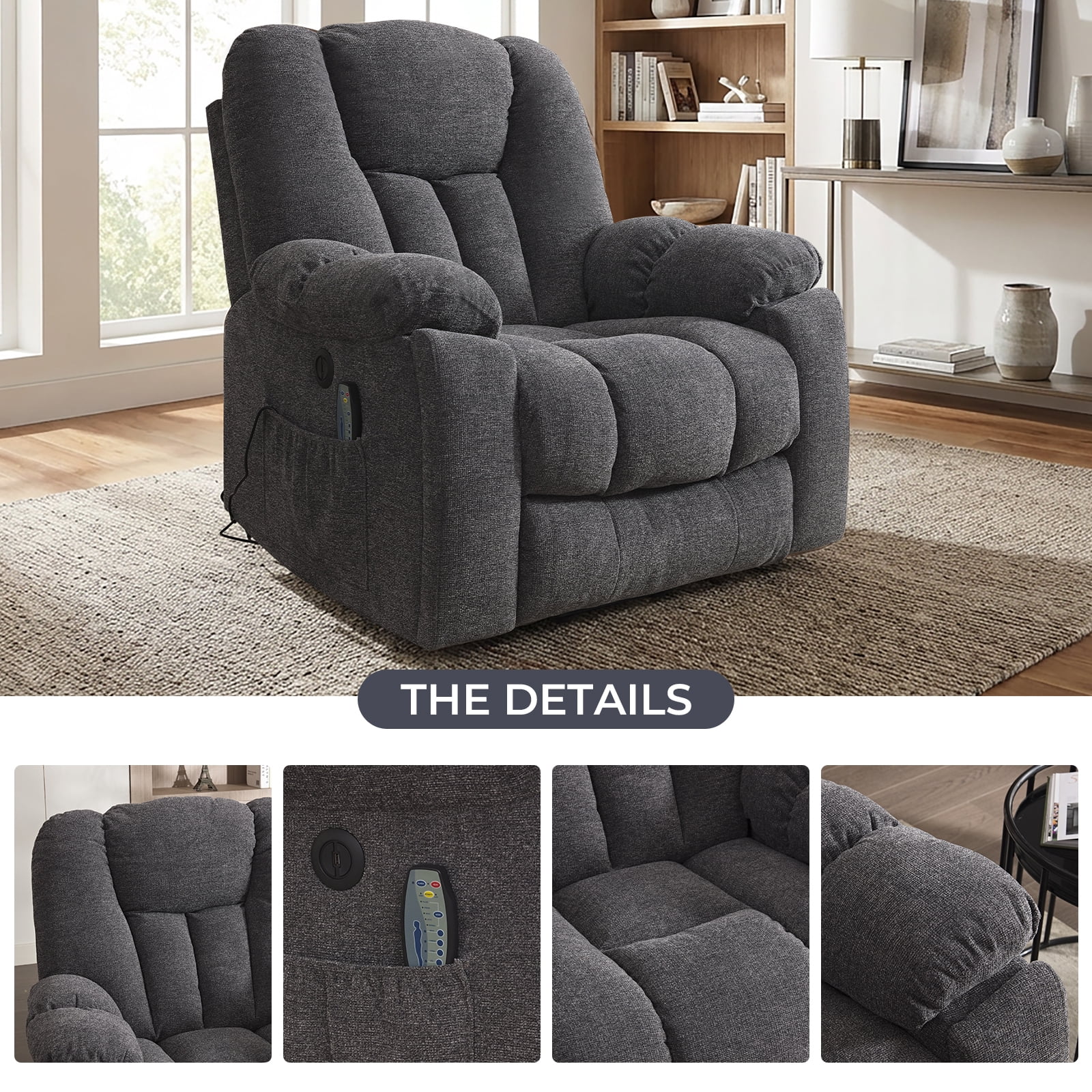 Ebello Large Power Lift Recliner Chair with Heat Massage, USB Ports - Ergonomic Recliner Chair for Elderly, Dark Gray