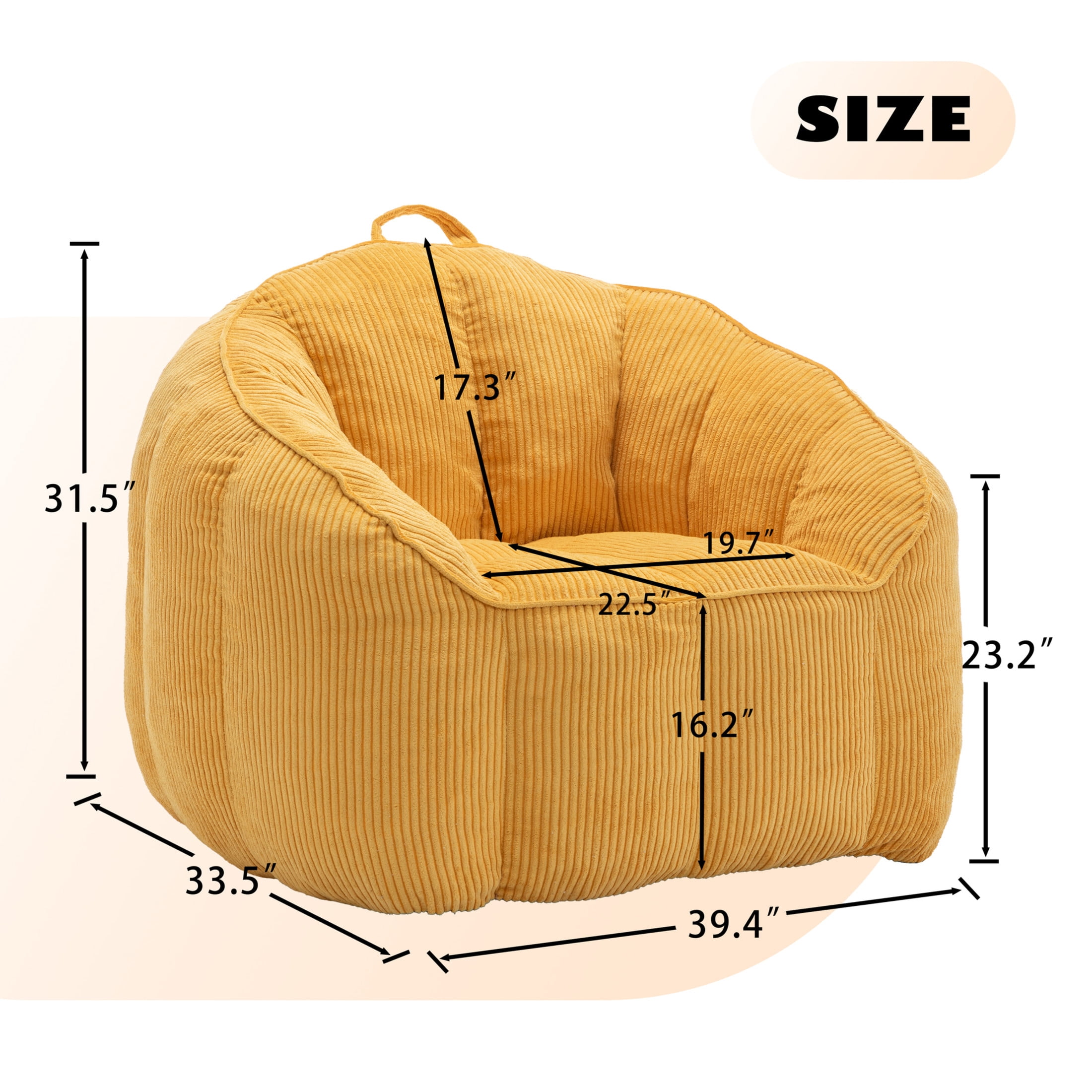 Noble House Revon Giant Corduroy Bean Bag Chair with Armrests, Cozy Memory Foam Lounge Couch for Living Room, Yellow