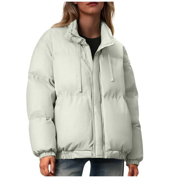 Uaswgudfs Women's Solid Color Puffer Jacket Zipper Drawstring Stand Collar Long Sleeve Casual Outerwear with Two Pockets Beige L
