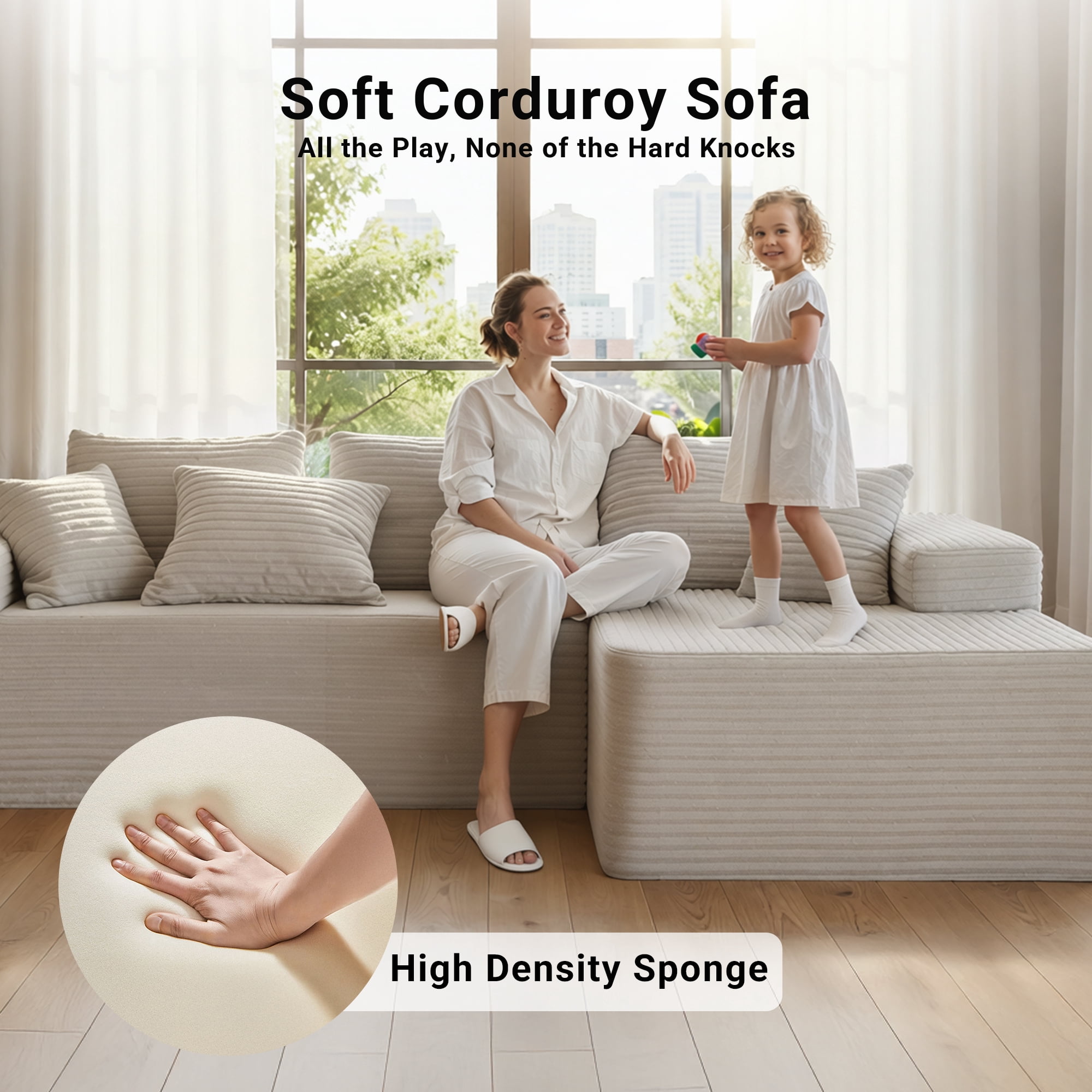 94" Boneless Sectional Sofa with Lounge, L-Shape Living Room Cloud Modular Convertible Sleeper Sofa, Corduroy Couch Deep Seat Sleeper Set,Bedroom Reversible Sofa W/Pillows,Beige,Right