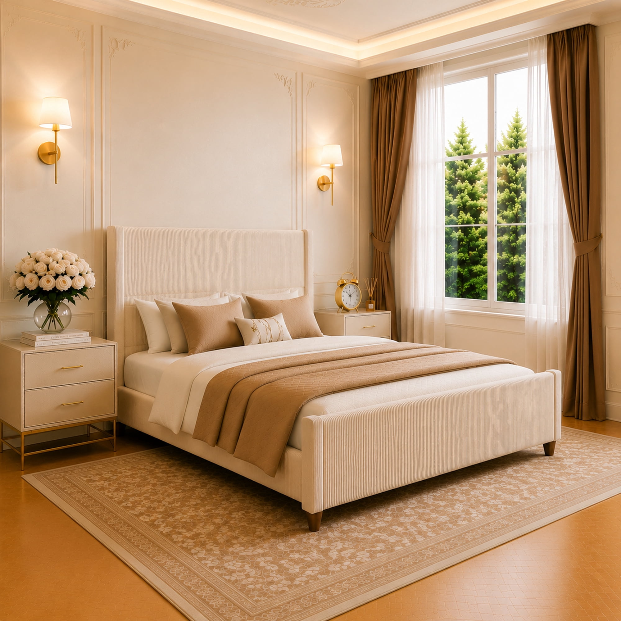 Leumius Queen Size Bed Frame with Padded Headboard, Luxury Thick Base Bed with Extra-high Wingback Vertical Stripes, Sturdy Solid Wood Slats and Legs,Beige