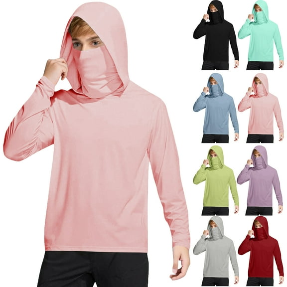 Kids Shirts for 4-15 Years Unisex Long Sleeve Hooded Solid Color T-Shirt Children's Summer Outdoor Breathable Sports Tops With Sun Protection Mask 50  Sun Protection Tops For Kids Pink