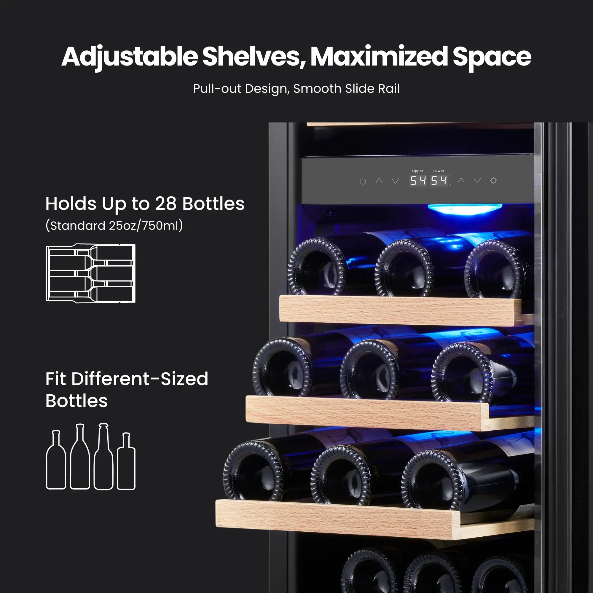Yeego 15 Inch Dual Zone Wine Fridge Cooler, Holds 28 Bottles, 40-65°F Wine Refrigerator with Glass Door, Built-in and Freestanding Under Counter