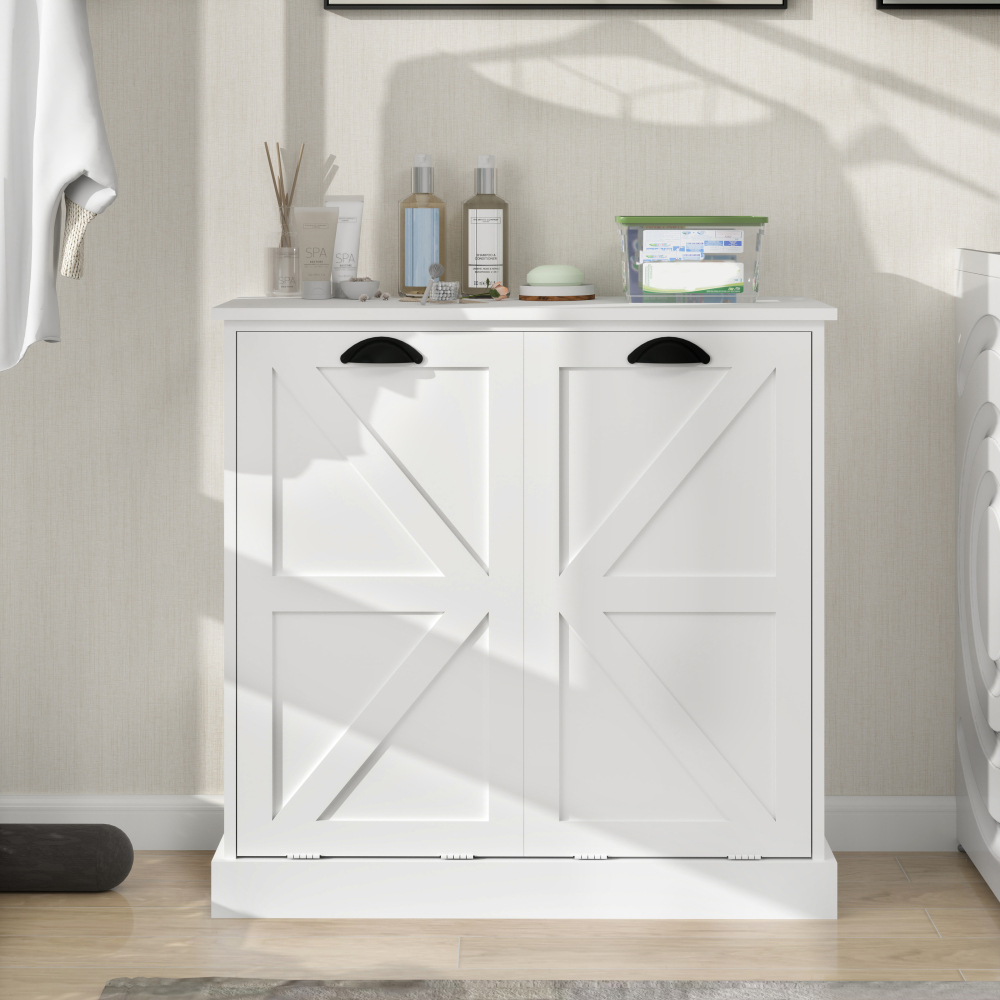 Tcbosik Tilt Out Laundry Hamper Cabinet with Removable Cloth Bags, Double Hidden Laundry Hamper Cabinet, Bathroom Storage Cabinet, Free Standing Organizer for Kitchen Living Room, White