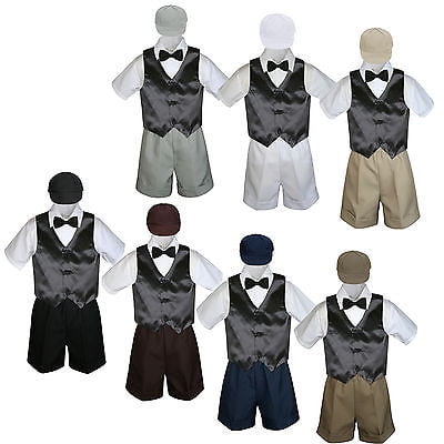 5pc Boy Toddler Formal Black Vest Bow Tie White Dark Khaki Gray Hat Shorts S-4T