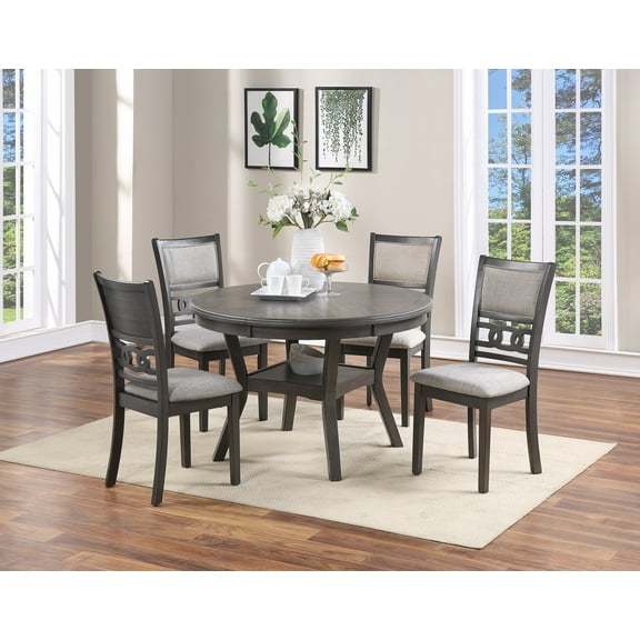 Transitional Style Grey Round Dining Table And 4 Side Chairs Dining Room Furniture 5pc Dining Rubberwood MDF Fabric Cushion