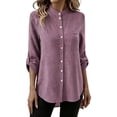 thumbnail image 5 of Mandarin Stand Collar Full Button Up Roll Tab Sleeve Chest Pocket Asymmetric High Low Hem Crinkle Cotton Linen Shirt for Women Spring Summer Casual Office Wear, 5 of 9