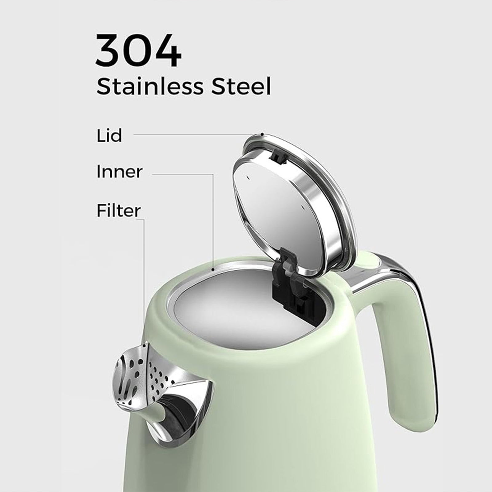 Sanerto Electric Tea Kettle 1500W 1.7L Stainless Steel with Auto Shut-Off Boil-Dry Protection 360° Swivel Base, Green