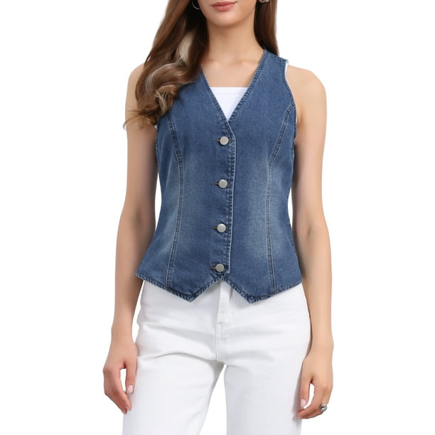 Chaleco de mezclilla sin mangas para mujer INSPIRE CHIC, con cuello en V y botones, chaqueta casual de jean, azul pálido, XS