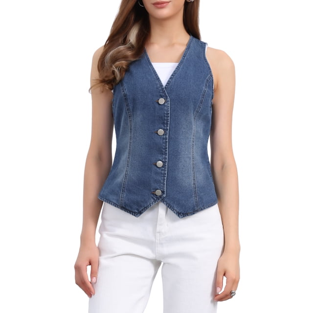 Chaleco de mezclilla sin mangas para mujer INSPIRE CHIC, con cuello en V y botones, chaqueta casual de jean, azul pálido, talla M