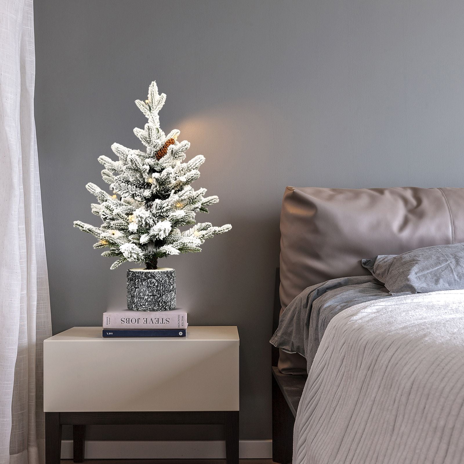 2FT Pre-lit Potted Snow Flocked Christmas Tree Mini Small Artificial Xmas Tree & 30 Lights and 189 PE&PVC Branch Tips for Front Door, Porch