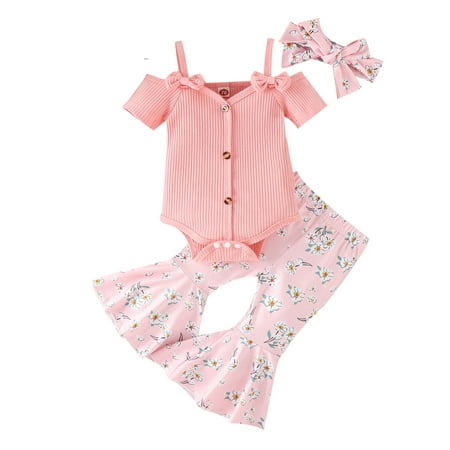 

Girls Short Sleeve Ribbed Bowknot Romper Bodysuit Floral Prints Bell Bottoms Pants Headbands Outfits Baby Stretch Wrap