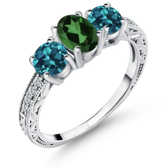 Gem Stone King 2.32 Ct Oval Emerald Envy Mystic Topaz London Blue Topaz 925 Sterling Silver Ring (Size 9)