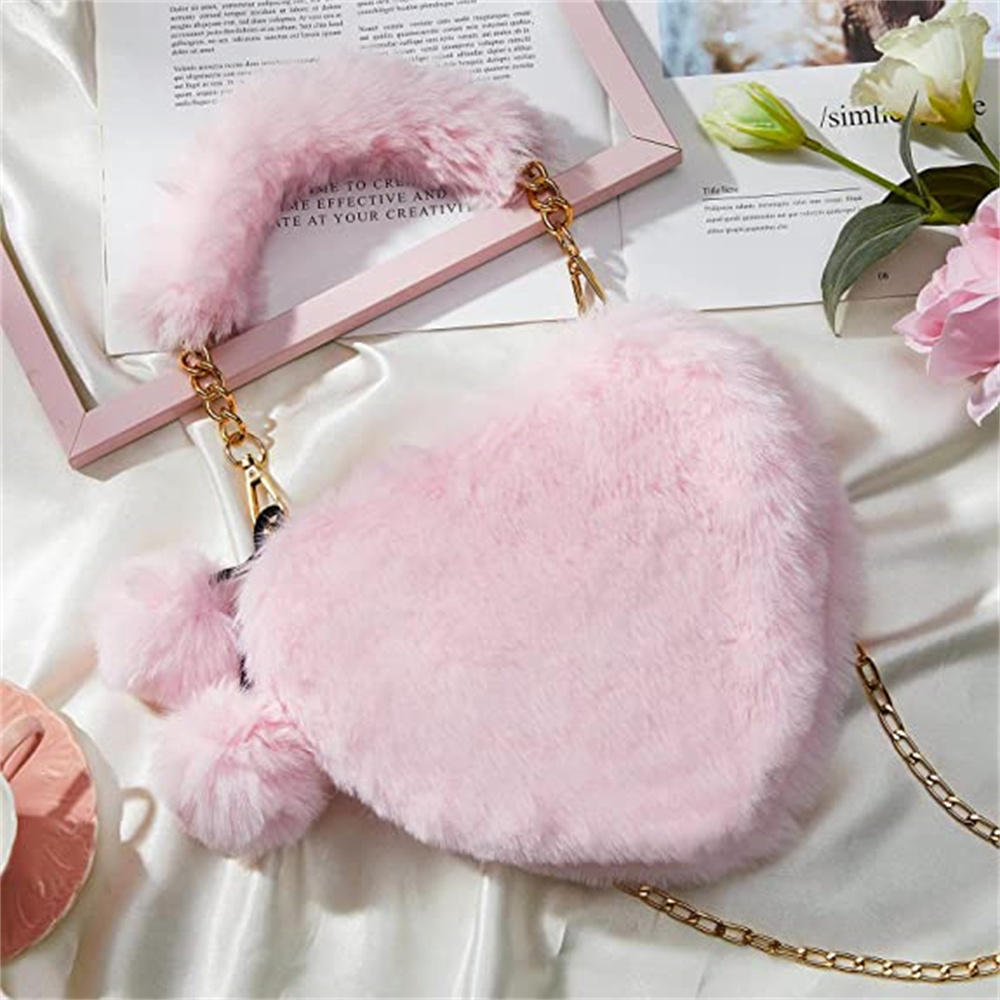 Cellphone Purse Plush Heart Shaped Crossbody Bag with Chain Cute Fluffy  Shoulder Bag for Women Ladies,red，G110257 