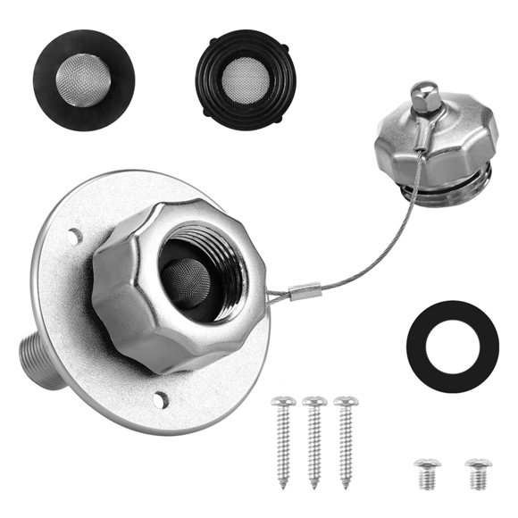 All Metal RV Water Inlet, 3/4In GHT Water Inlet Hose Adapter, RV City Water Inlet with Check Valve, RV Water Replacement,1 x Valve 1 x Rubber Pad 2 x Filter 3 x Screw,Silver